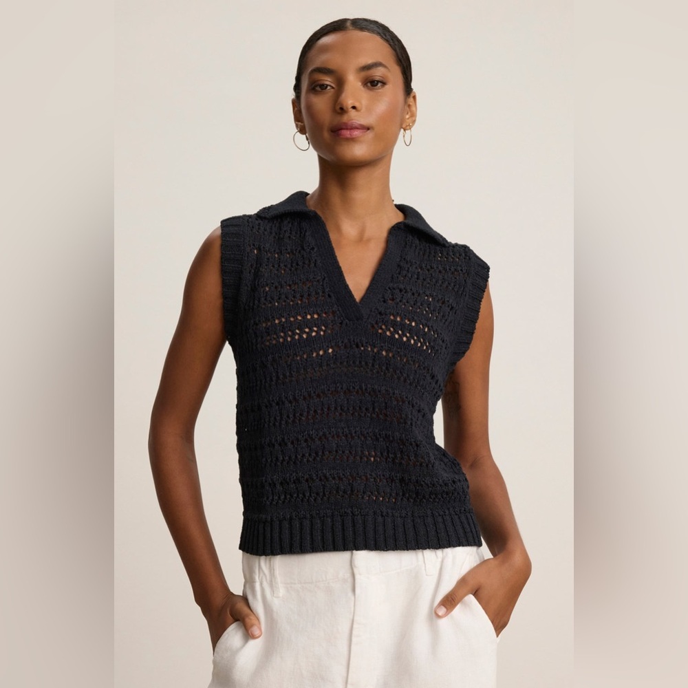 VELVET BY GRAHAM & SPENCER renee cotton crochet polo sweater in black size XS